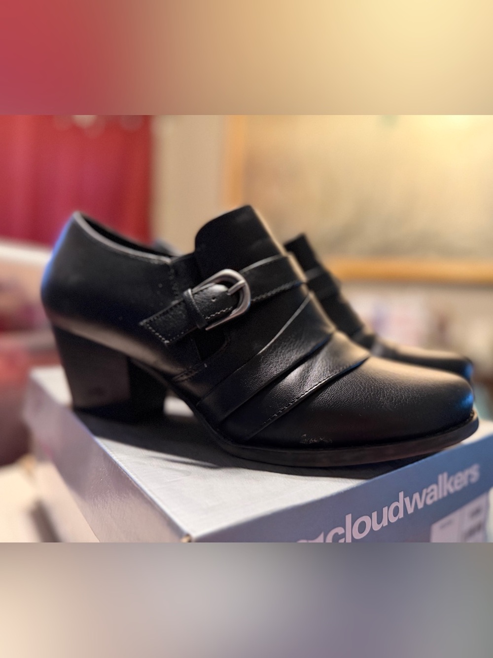 cloudwalkers Black Leather Buckle Strap Heeled Booties